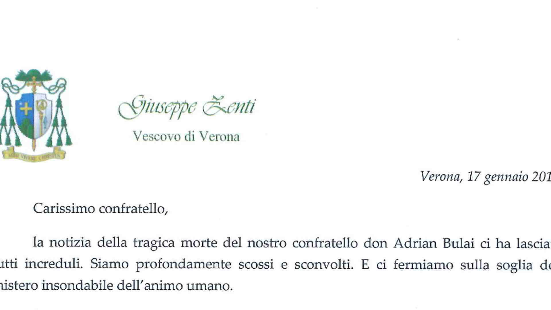Lettera del Vescovo al Presbiterio per la morte di don Cristinel Adrian Bulai