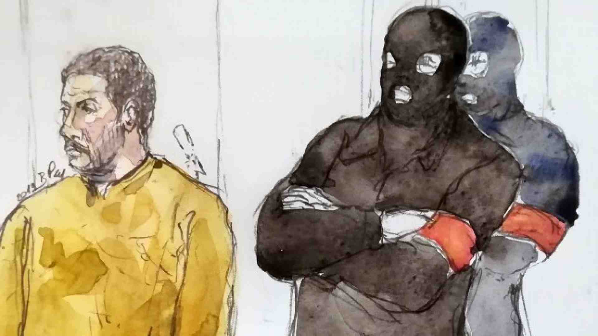 Un'illustrazione del processo a Bruxelles a Mehdi Nemmouche (foto LaPresse)