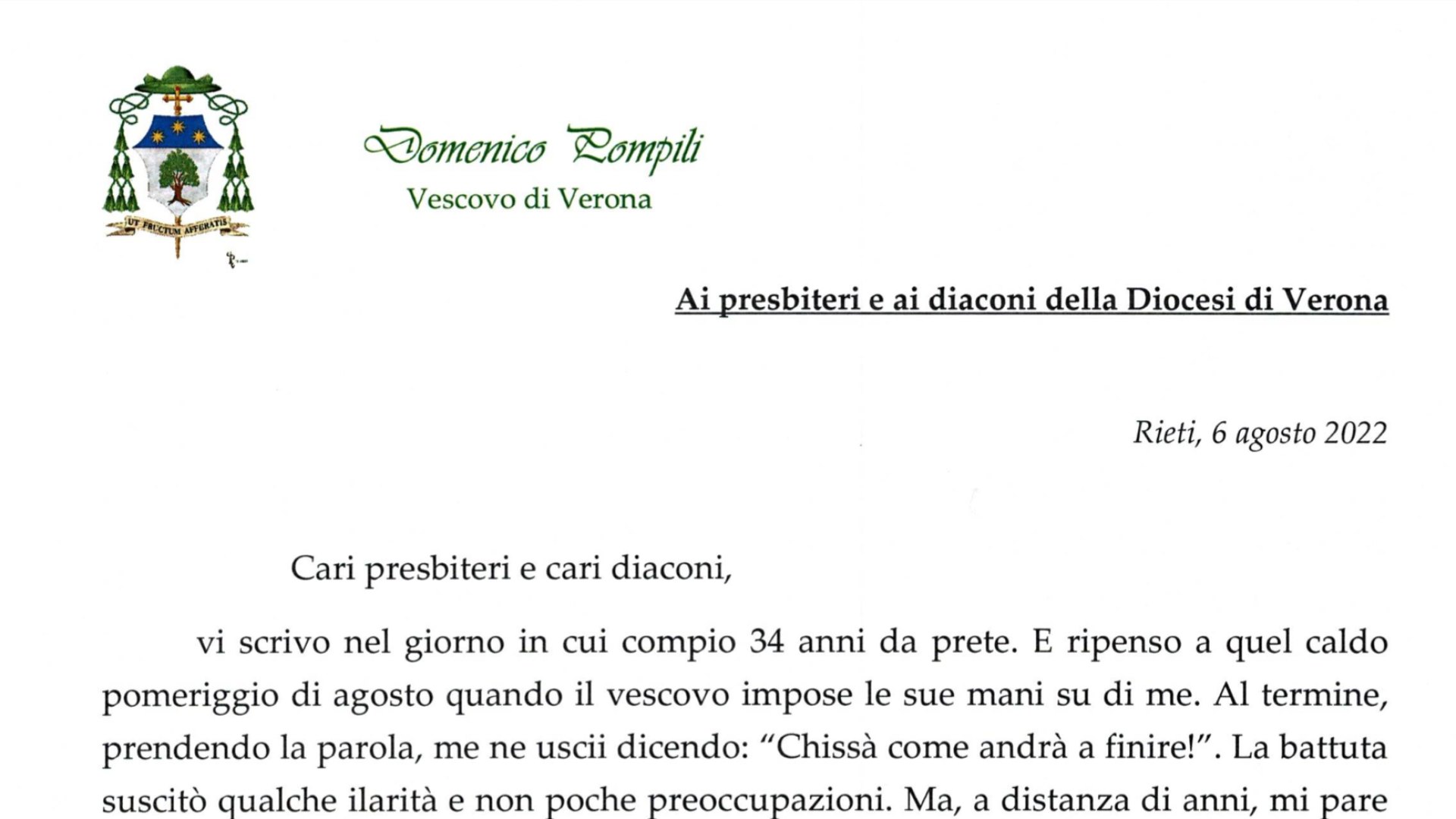 Il messaggio del vescovo Domenico a presbiteri e diaconi