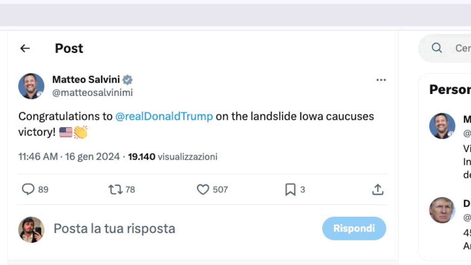 Matteo Salvini si congratula con Trump per la vittoria alle primarie in Iowa