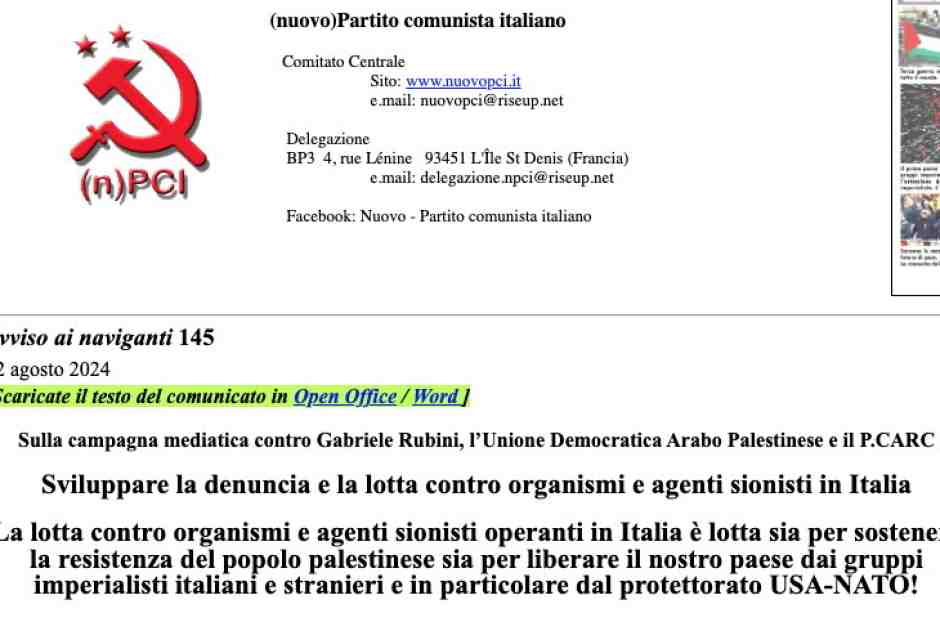 La lista nera di "sionisti" del Nuovo Pci è inaccettabile per un paese civile