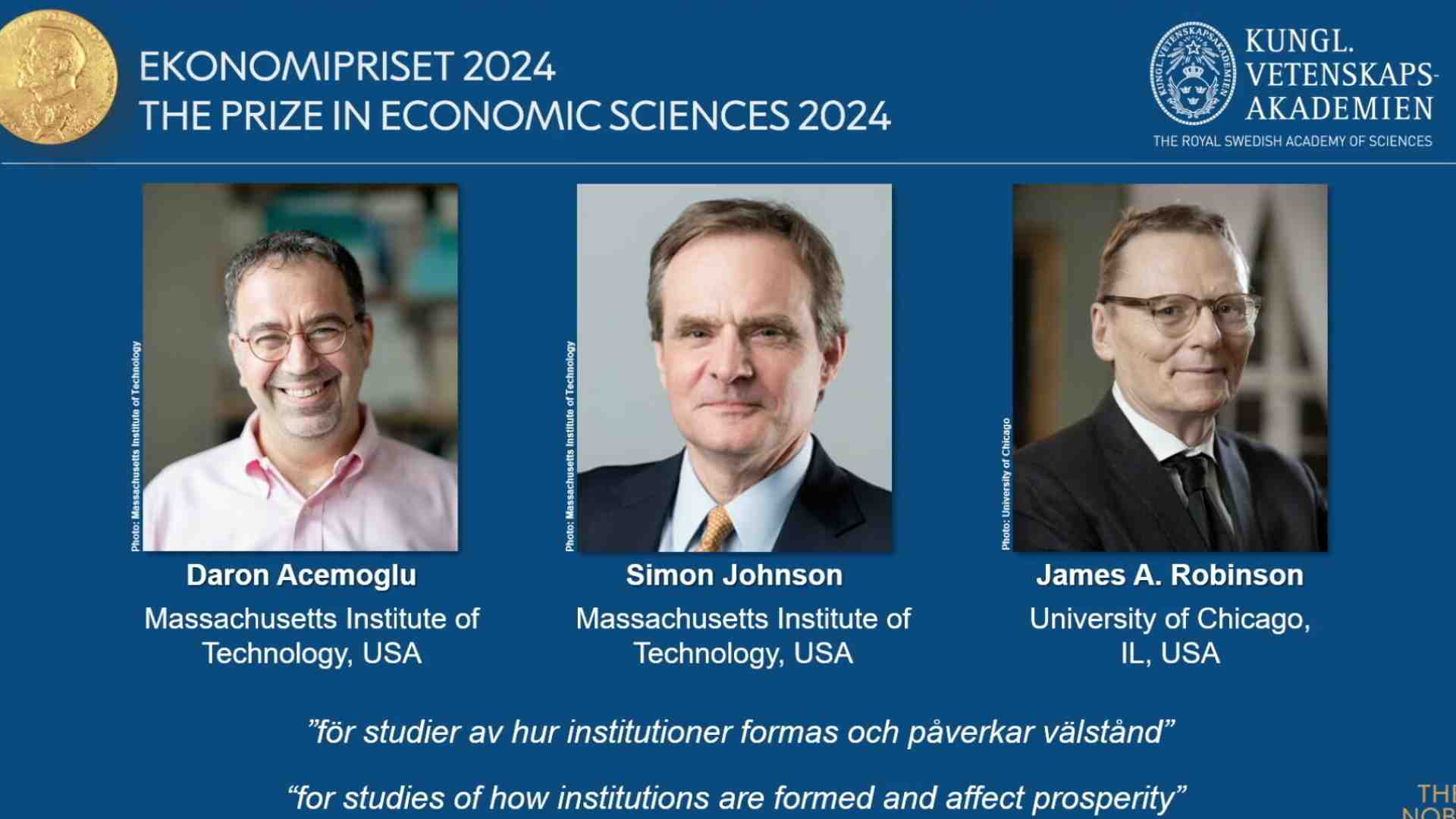 Daron Acemoglu, Simon Johnson e James A. Robinson vincono il Nobel per l'Economia