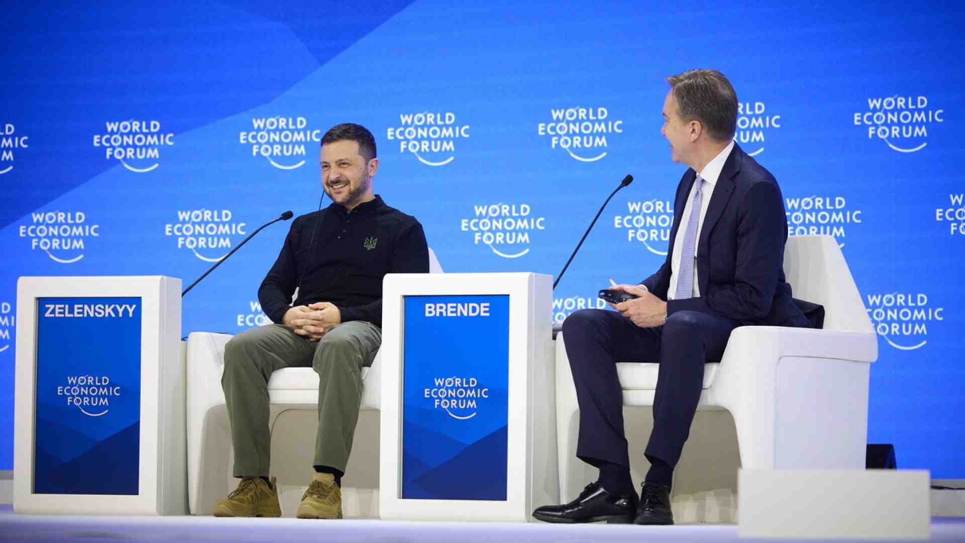 Il presidente ucraino Volodymyr Zelensky alla riunione annuale del World Economic Forum a Davos, Svizzera (Getty Images) <br />