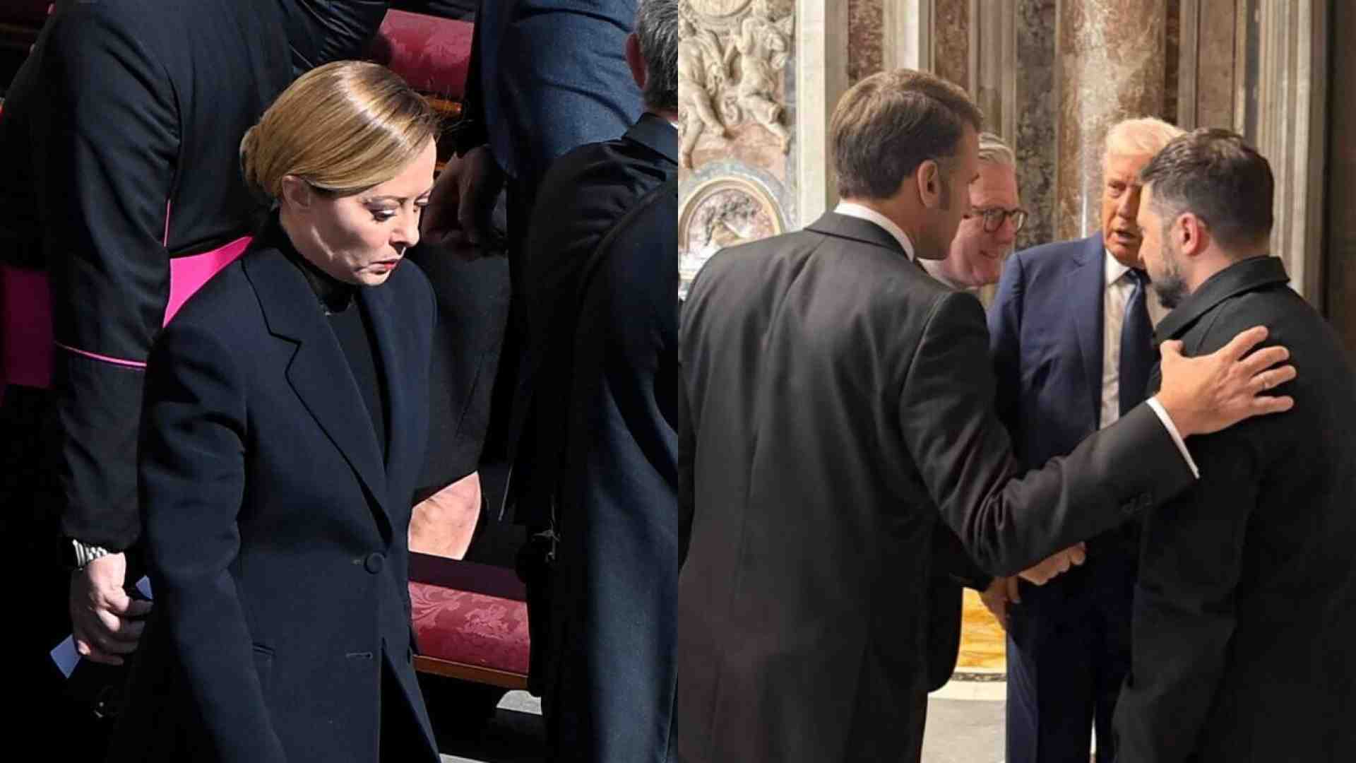 Meloni e la diplomazia del sagrato. Resta fuori dalla foto con i quattro, poi vede Zelensky