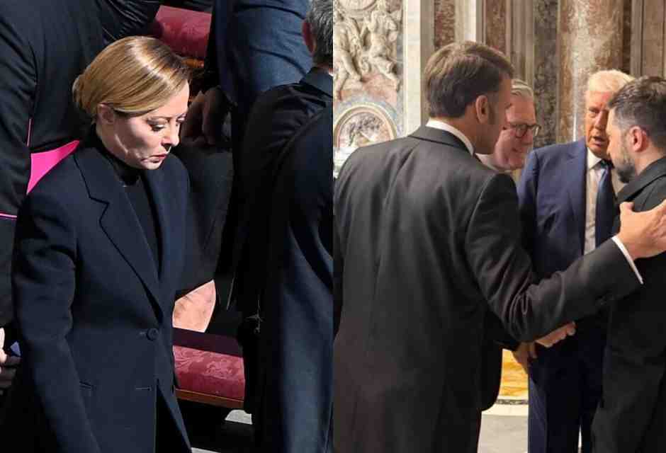 Meloni e la diplomazia del sagrato. Resta fuori dalla foto con i quattro, poi vede Zelensky