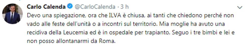 Il tweet di Calenda - ANSA