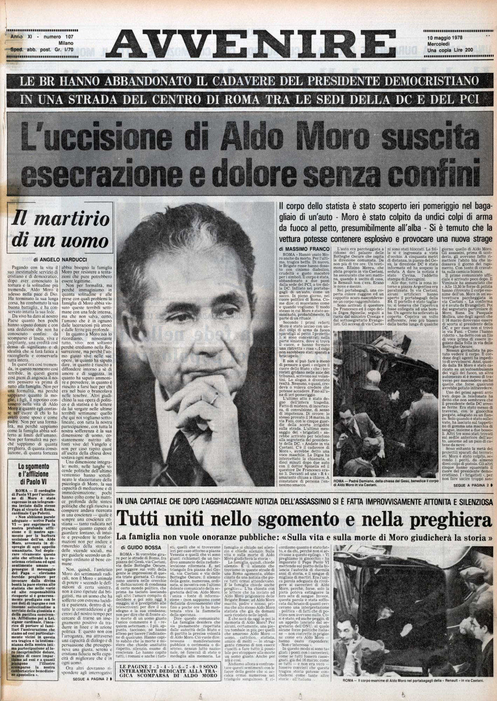 La prima pagina di Avvenire del 10 maggio 1978