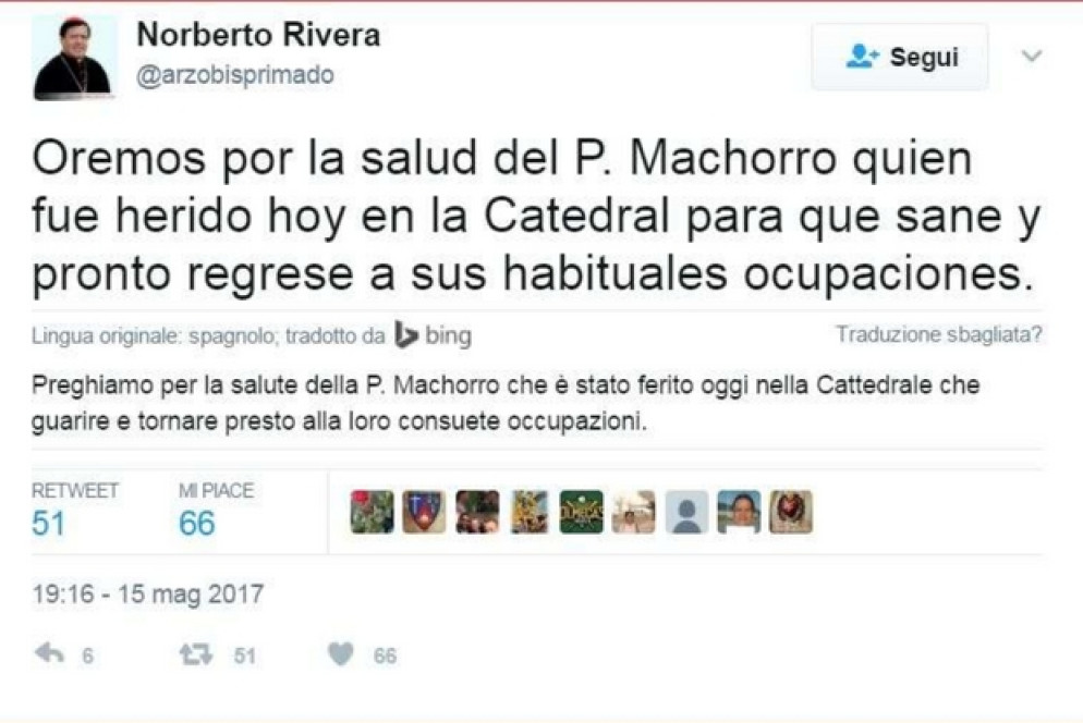 Il tweet del cardinale Norberto Rivera che chiesto alla comunità di pregare per la salute di padre Machorro