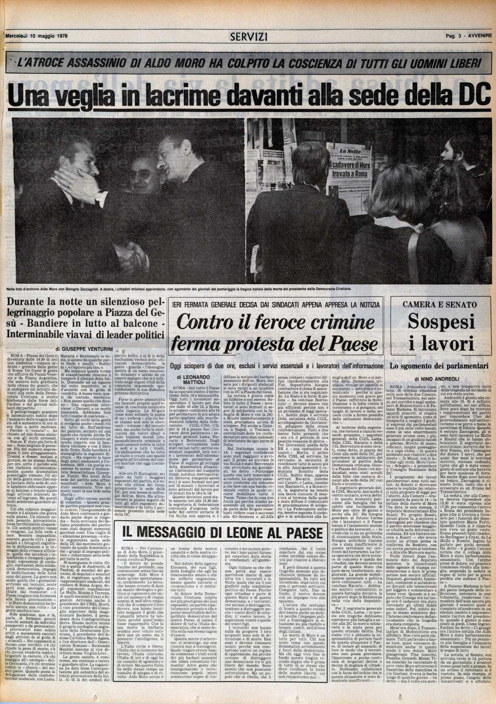 L'emozione suscitata dal ritrovamento del corpo di Moro nella seconda pagina di Avvenire del 10 maggio 1978