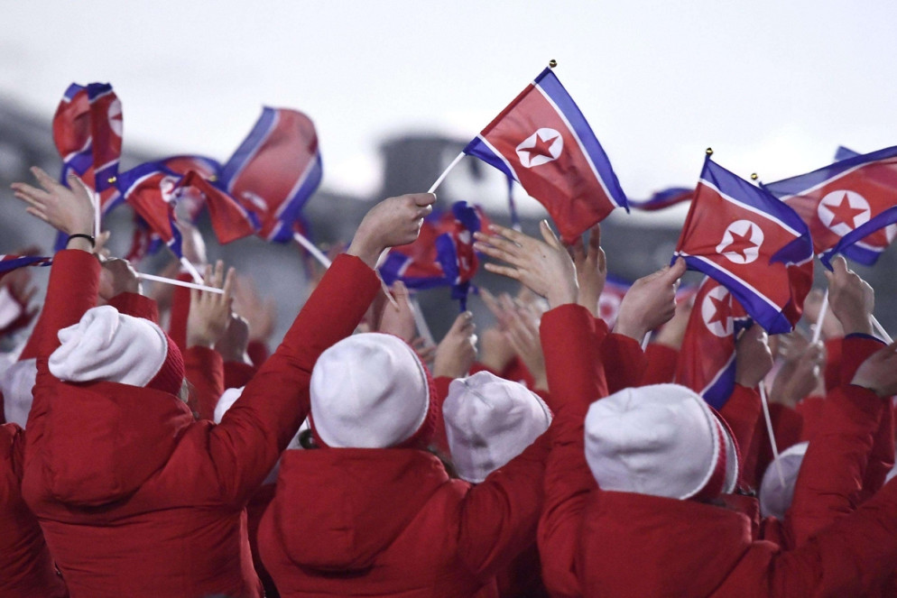Un gruppo di tifosi sventola bandiere della Corea del Nord (Ansa)