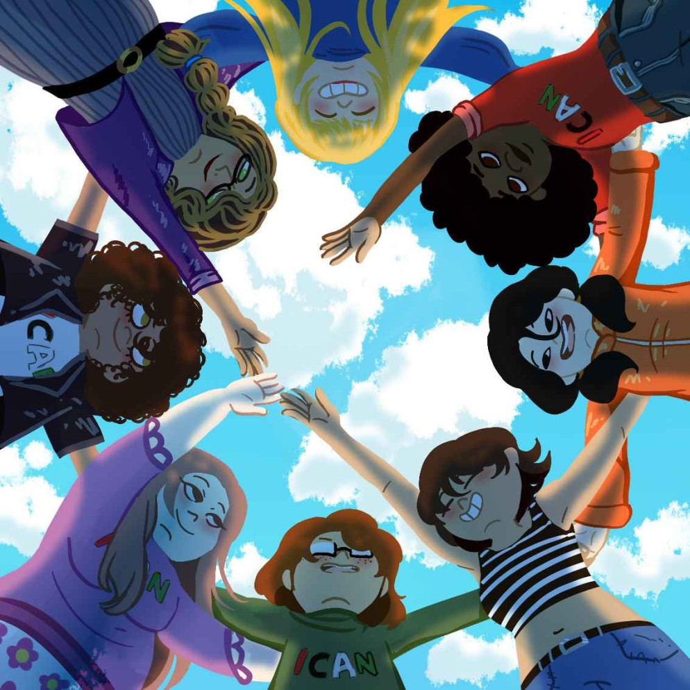 Tutte insieme, nessuna esclusa. Nell'illustrazione di Carola Olivieri, Beatrice Fihn stringe le mani di altre giovani donne: c'è il desiderio di partecipazione e la certezza che solo coinvolgendole si possono cambiare le cose. Avvenire, grazie a una partnership con l'Istituto Europeo di Design, si è avvalsa nel corso della campagna Donne per la pace degli artwork di 12 giovani artiste e studentesse dello Ied