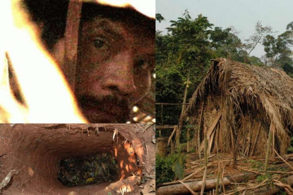 L'indio, la sua capanna e una delle buche scavate, ripresi dalla Funai