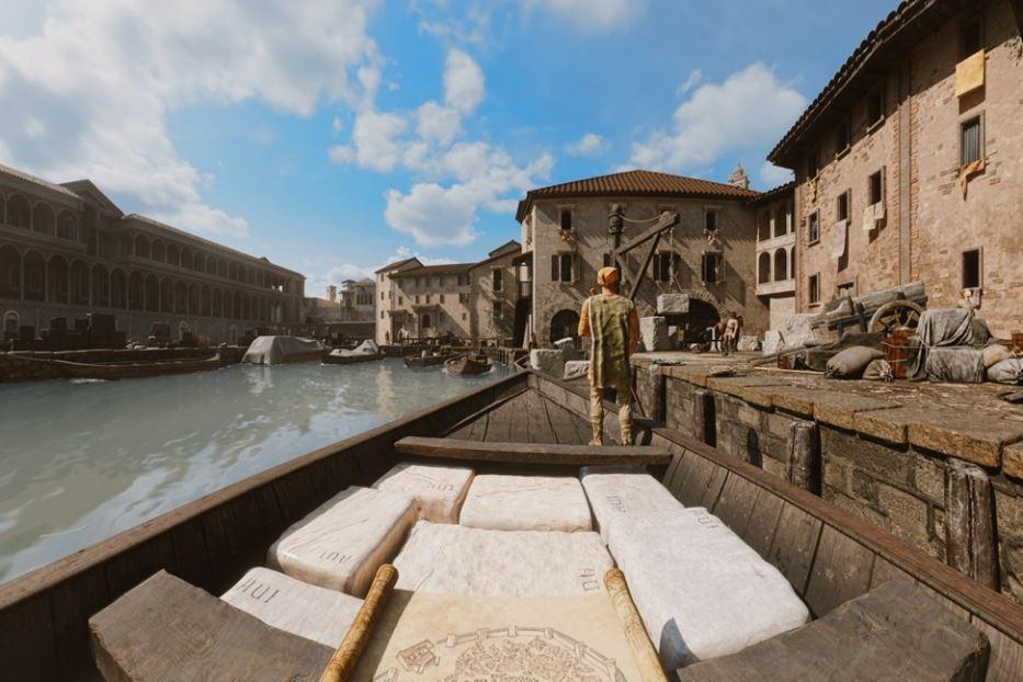 L'arrivo del marmo di Candoglia al laghetto di Santo Stefano, in una immagine della realtà immersiva del progetto “Duomo Smart Experience”, promosso dalla Veneranda Fabbrica del Duomo con Way - Veneranda Fabbrica del Duomo