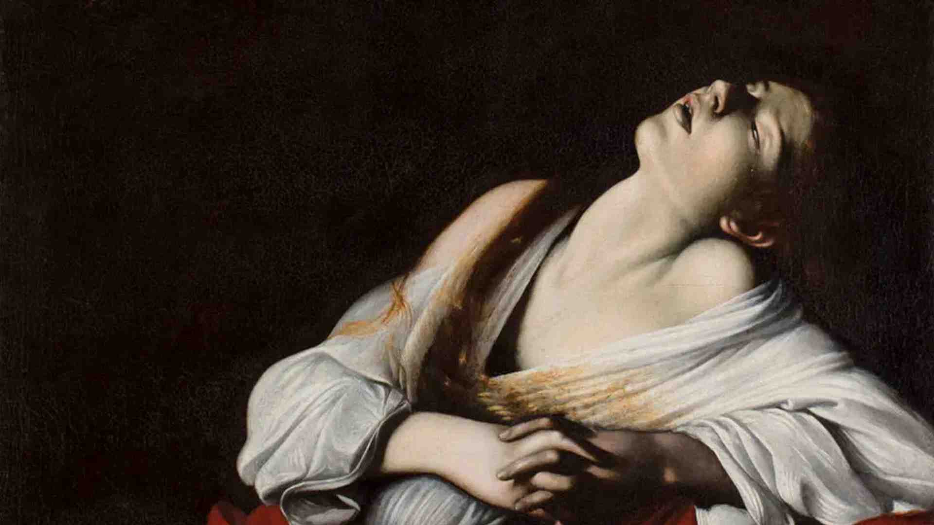 Maria Maddalena in estasi, dettaglio del quadro attribuito a Caravaggio, Collezione privata, Roma, via Wikimedia Commons<br />