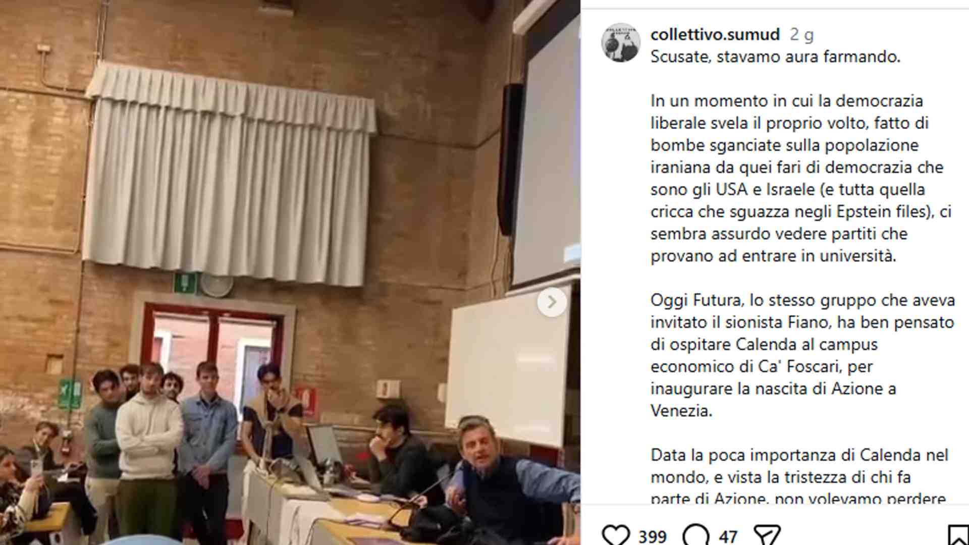 Calenda come Fiano: alla Ca' Foscari riappare il gesto della P38. "So ragazzi", dice il senatore