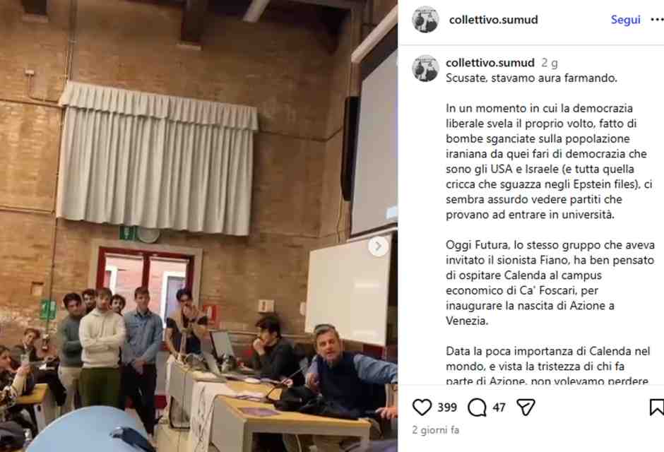 Calenda come Fiano: alla Ca' Foscari riappare il gesto della P38. "So ragazzi", dice il senatore